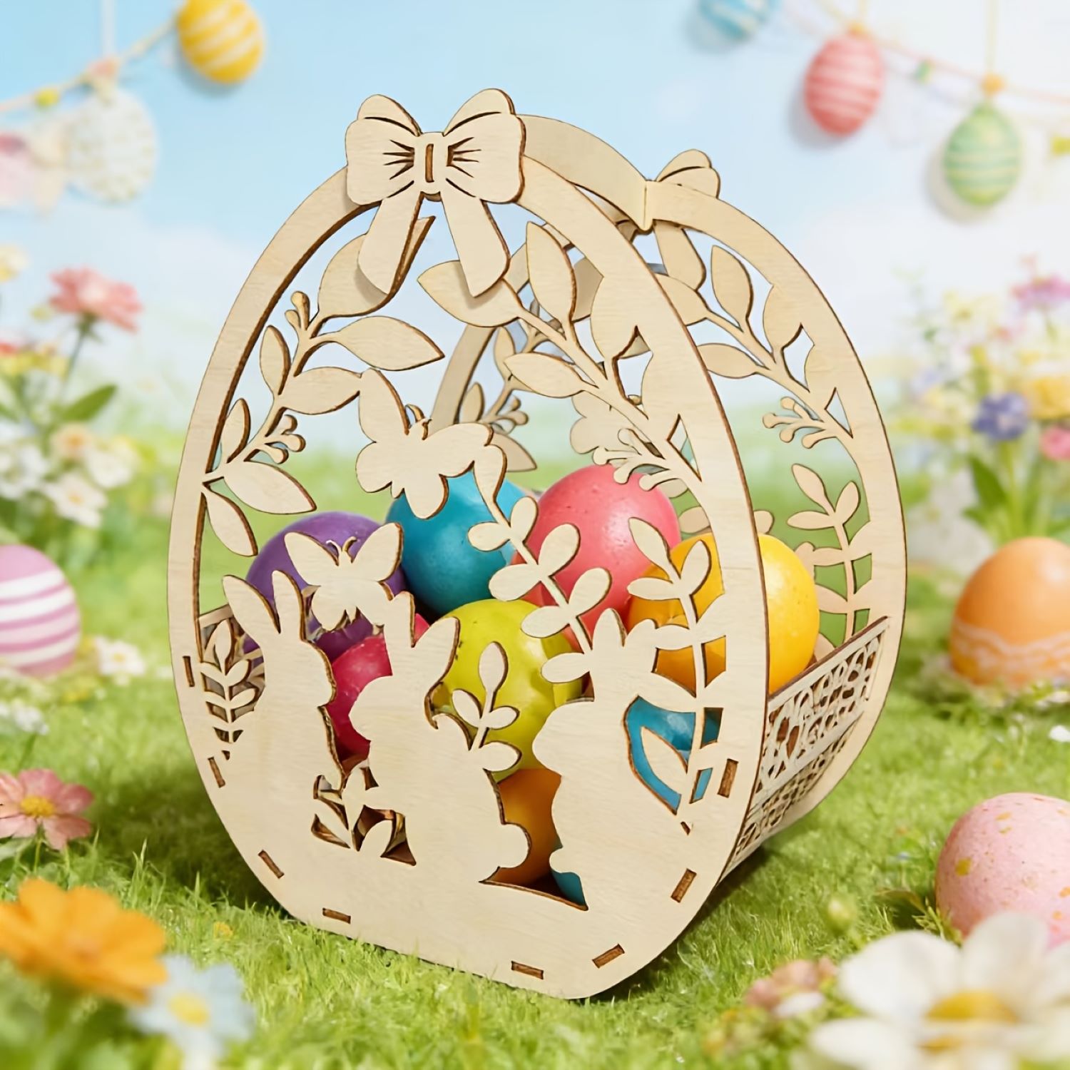 Easter bunny flower butterfly wooden basket centerpiece for table