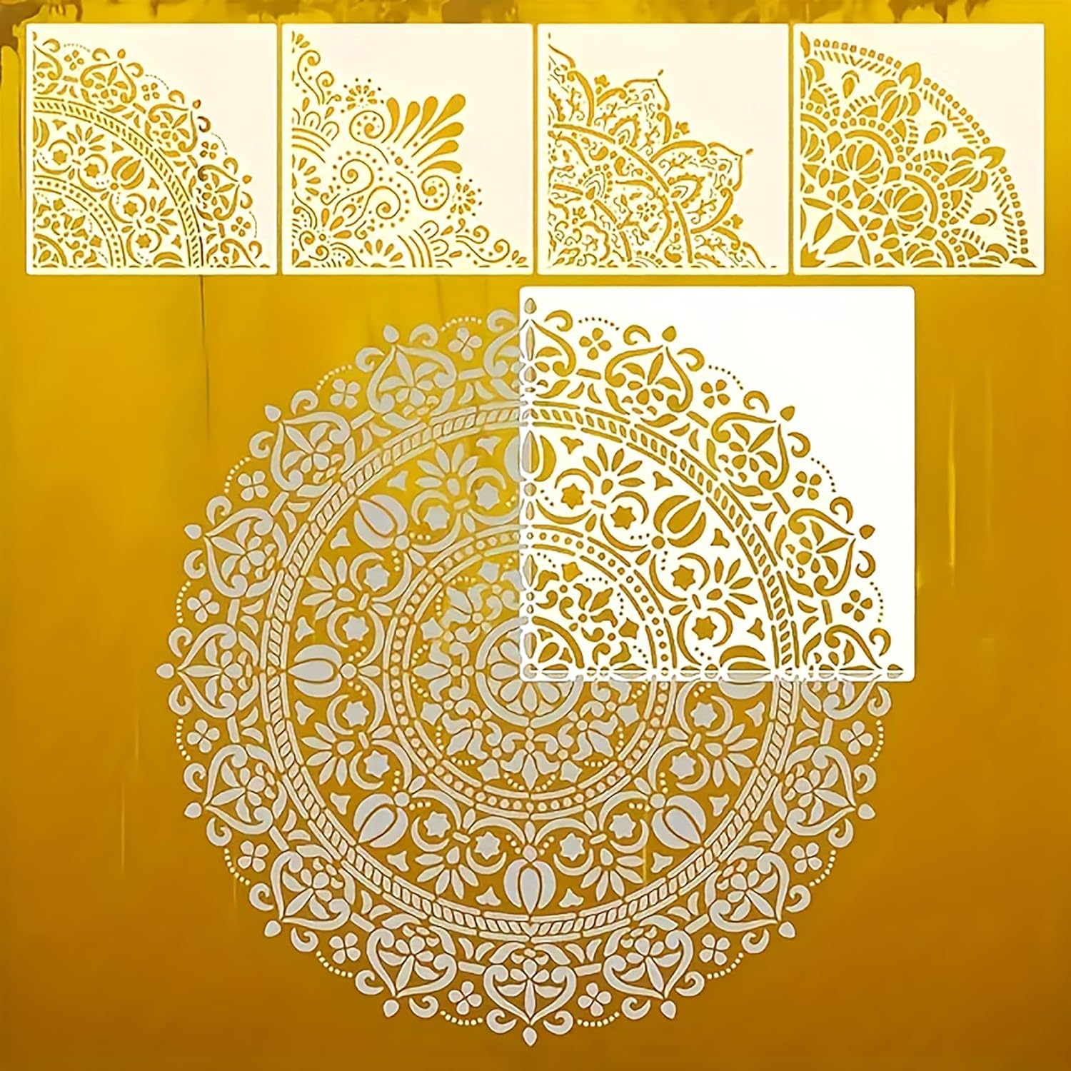 Decorative stencils with intricate patterns on a yellow background