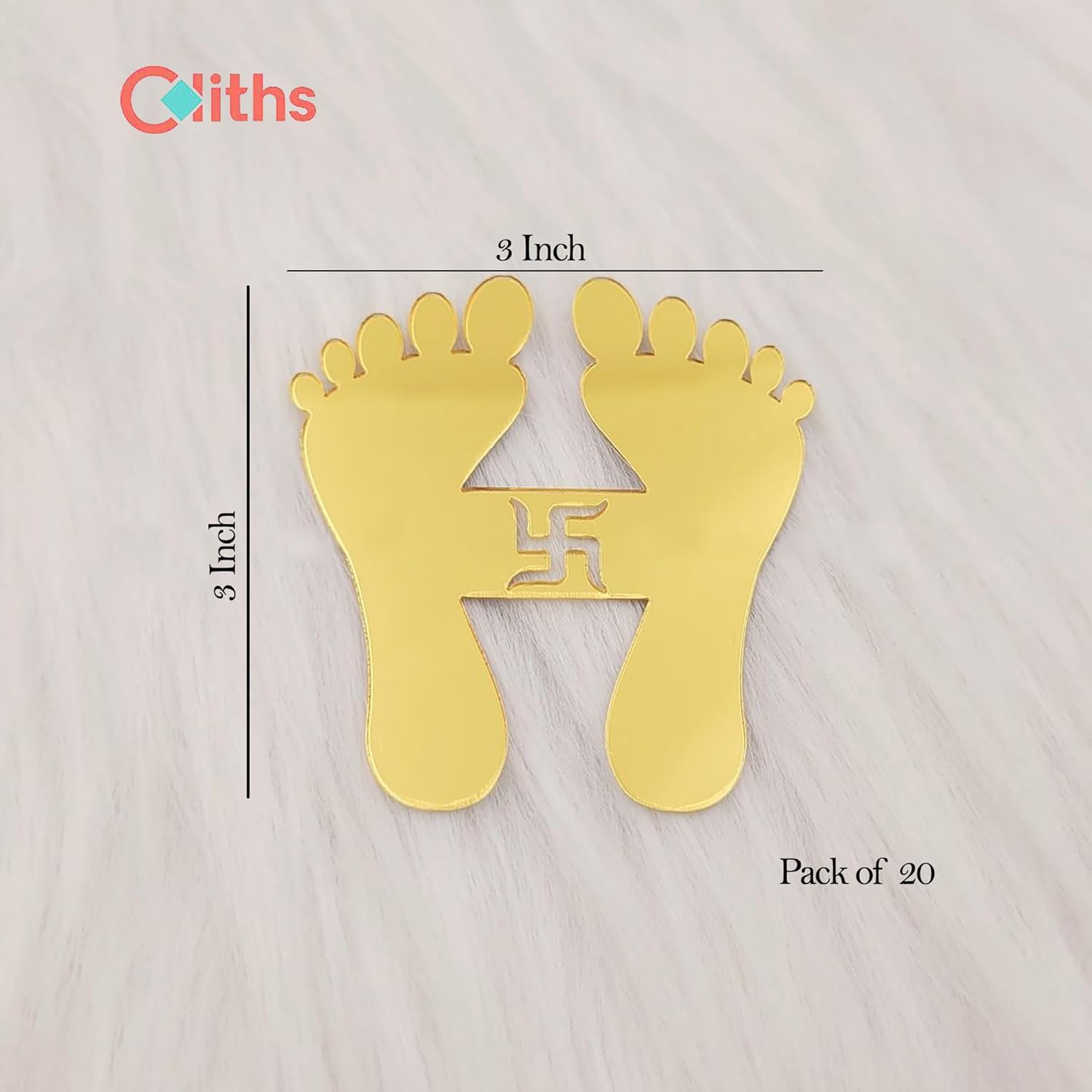 Gold foot-shaped objects with a swastika symbol, labeled '3 Inch' and 'Pack of 20', on a light background.