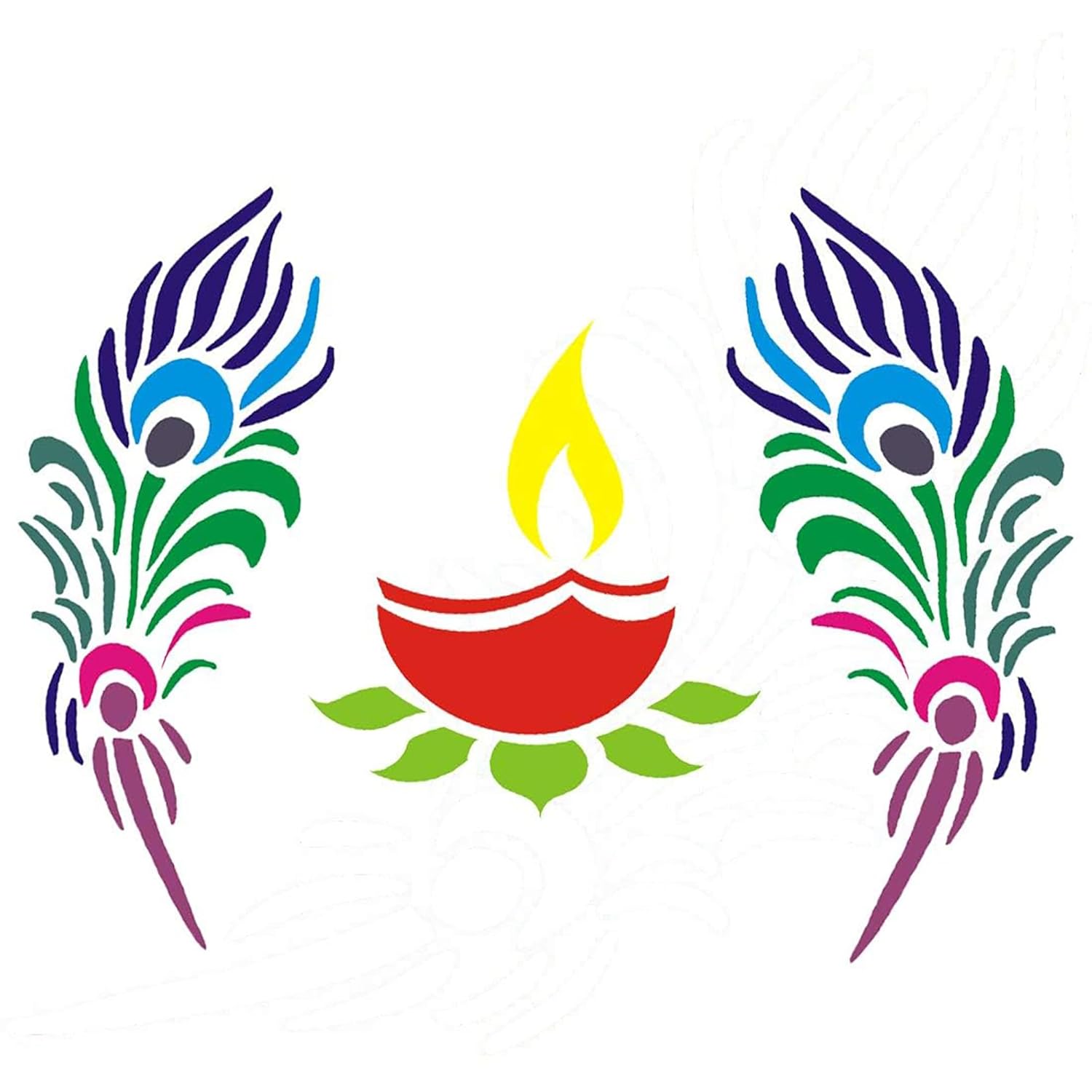 Colorful peacock feather design with a red lamp in the center on a white background