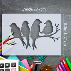 Four birds on branch template for DIY home décor projects