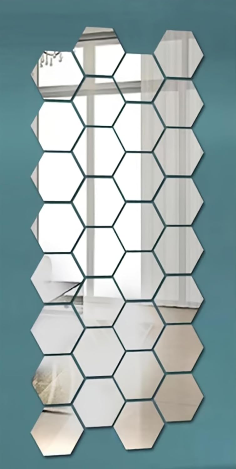 Hexagonal mirror tiles on a teal background