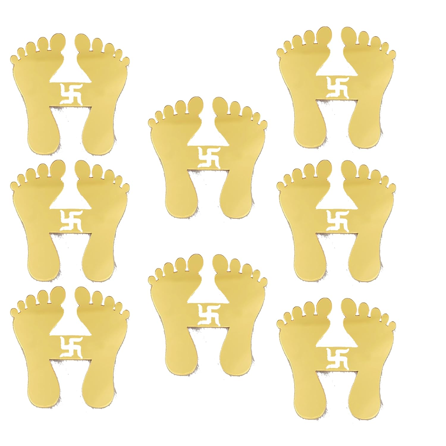 Gold foot-shaped stickers with a swastika symbol on a white background