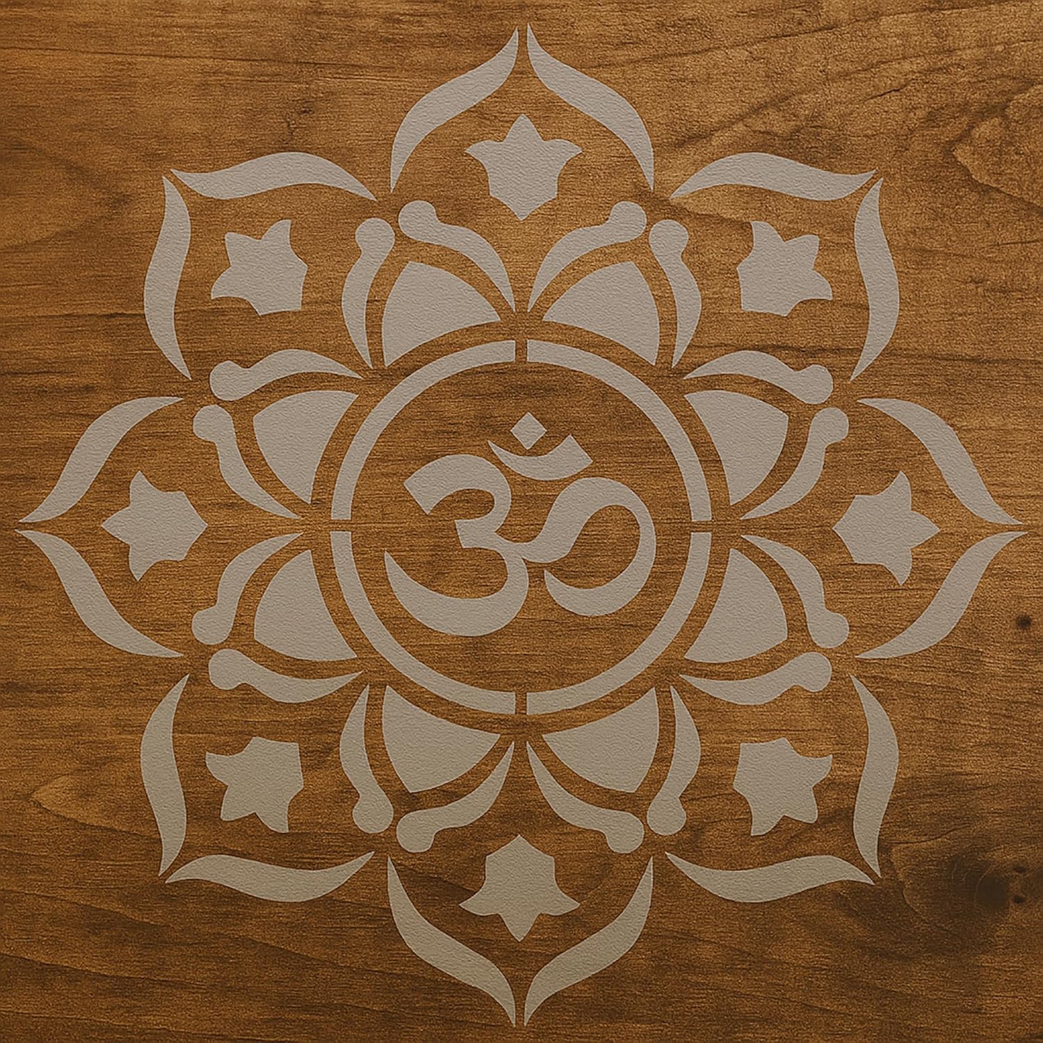Decorative Om symbol with floral patterns on a wooden background