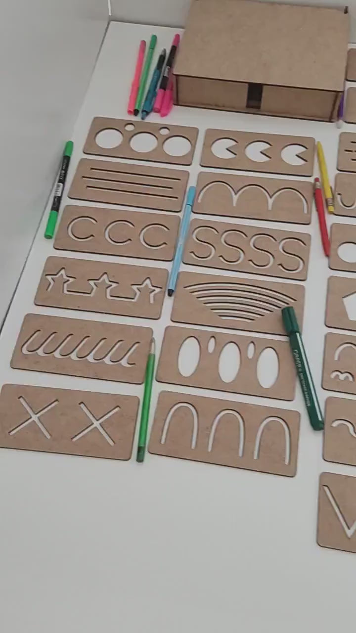 Cliths 25-Piece Wood Handwriting Stencil Set Toy - Perfect for Kids & Preschoolers, Montessori Geomatric Patern Stencils
