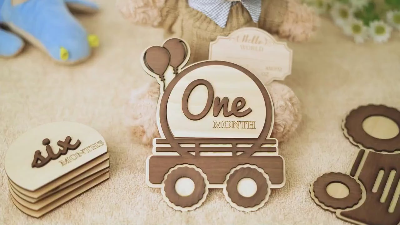 American Elm Baby Monthly Milestone Tractor Sign Set | Wooden Farm Theme Baby Milestone Cards | Baby Shower Gift