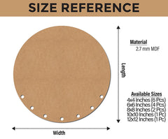 Circular MDF board with size reference on a beige background