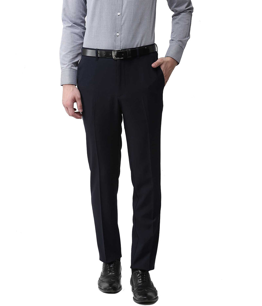 Buy Men Navy Slim Fit Solid Flat Front Formal Trousers Online - 742676 |  Louis Philippe