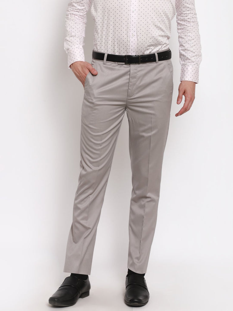 AmericanElm Men's Light Grey Solid Slim Fit stretchable Formal Trouser