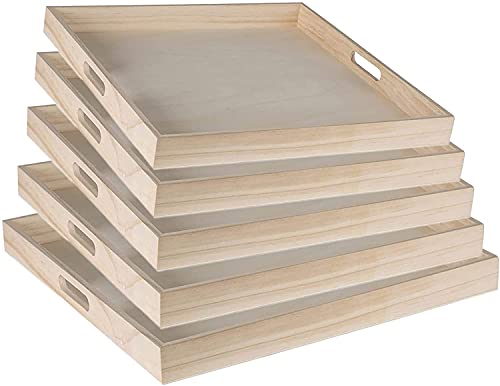 LotFancy Set Of 5 Wooden Nesting Trays, Unfinished Natural, Rectangular Kitchen Trays 13-16in With Handles